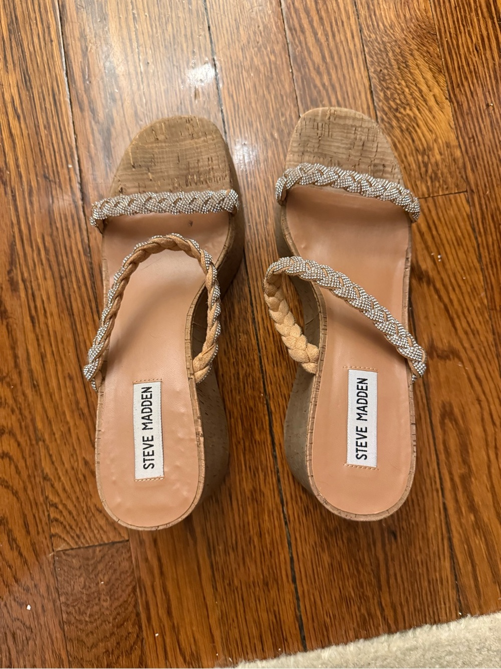 Steve Madden Tan Cork Braided Beaded Wedge Mules